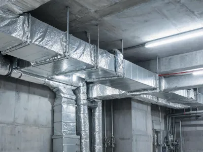 HVAC duct wrap installation in mechanical room