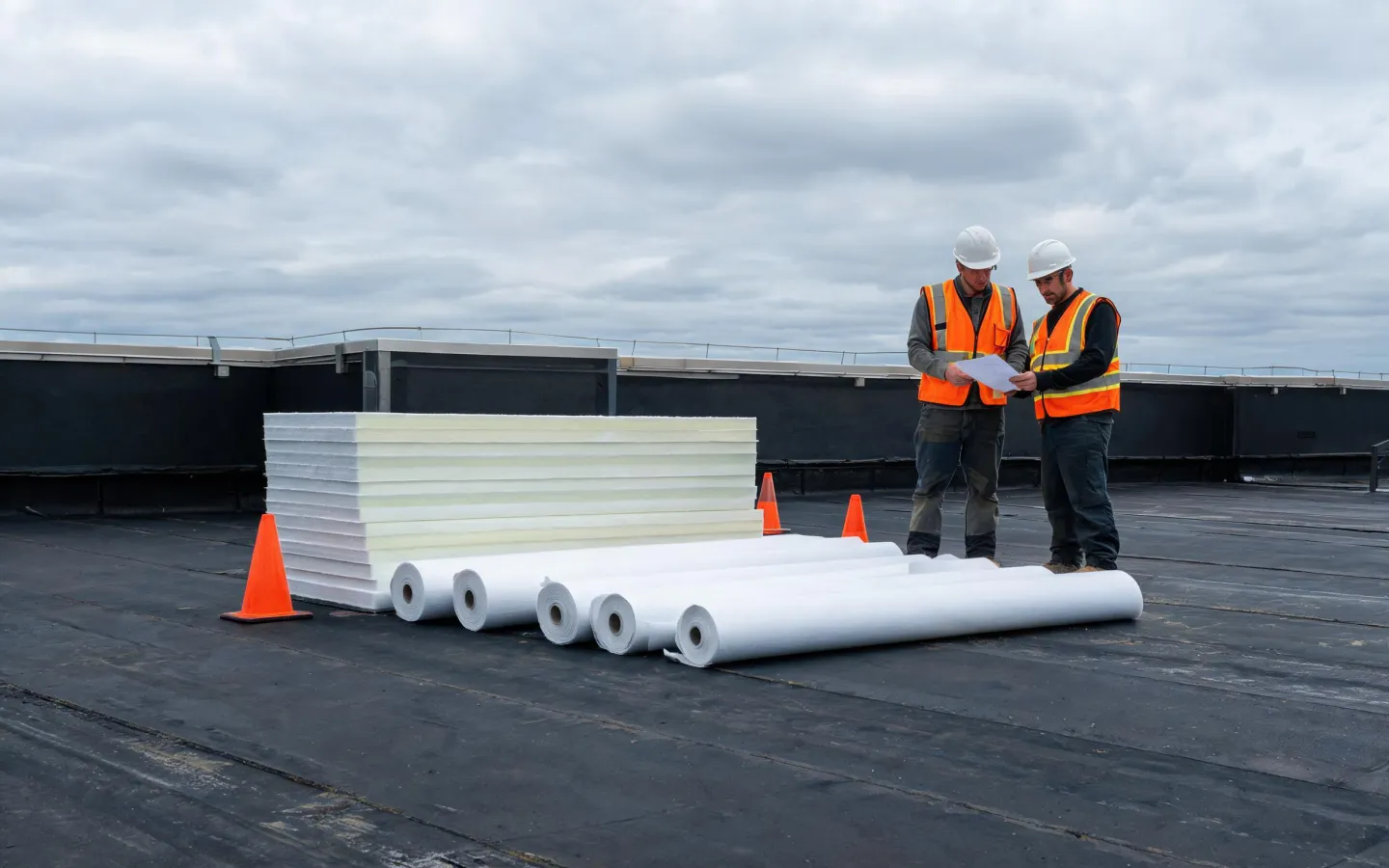 Commercial roof insulation installation with polyiso boards