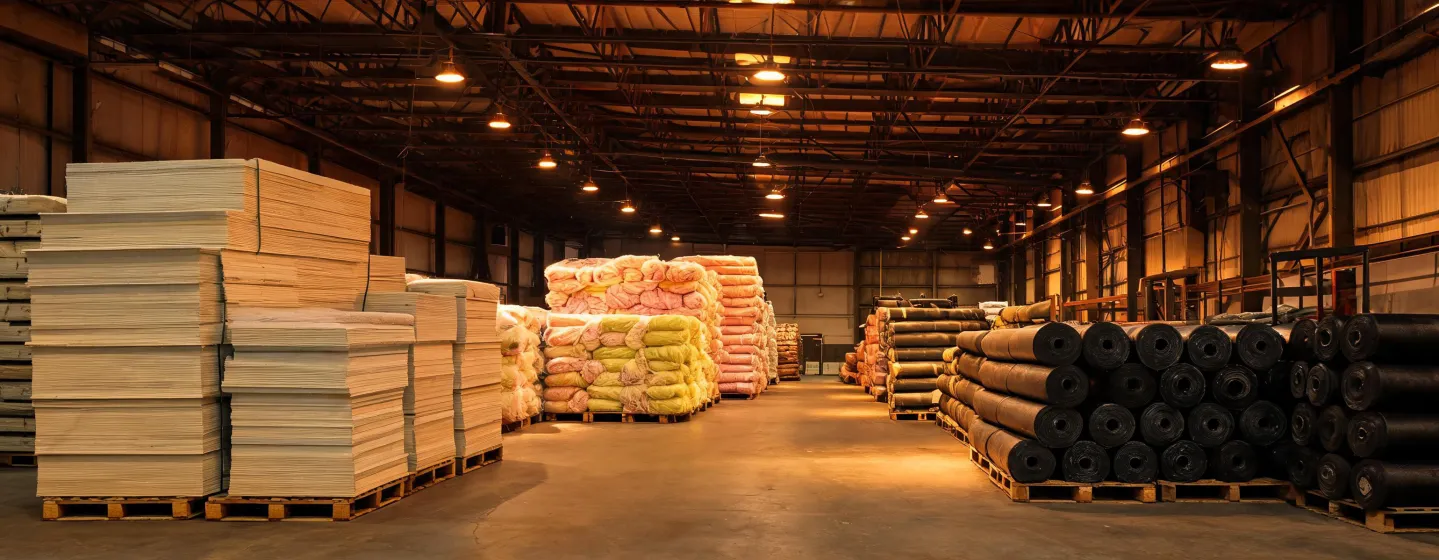 Warehouse racks of insulation boards and roofing membranes