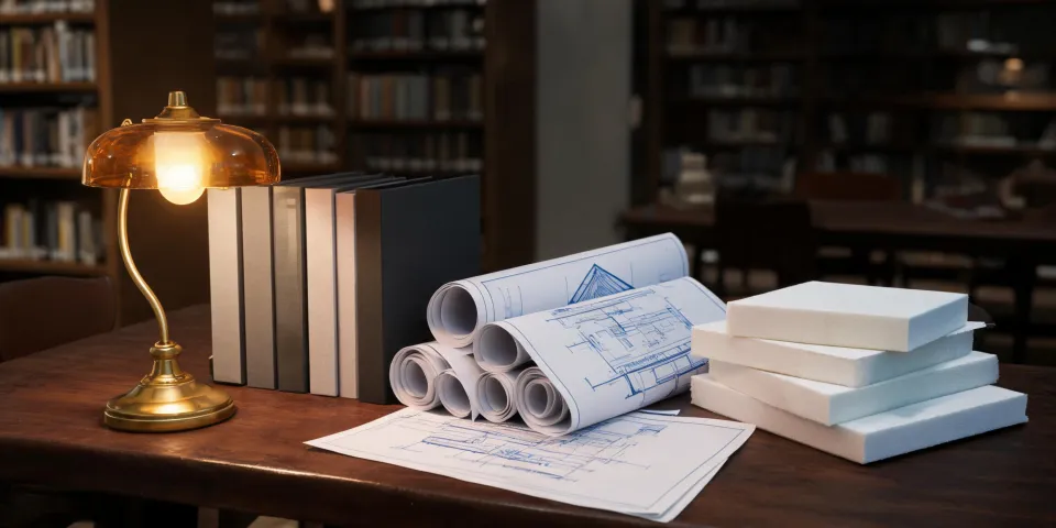Engineers reviewing insulation specification binders and CAD prints